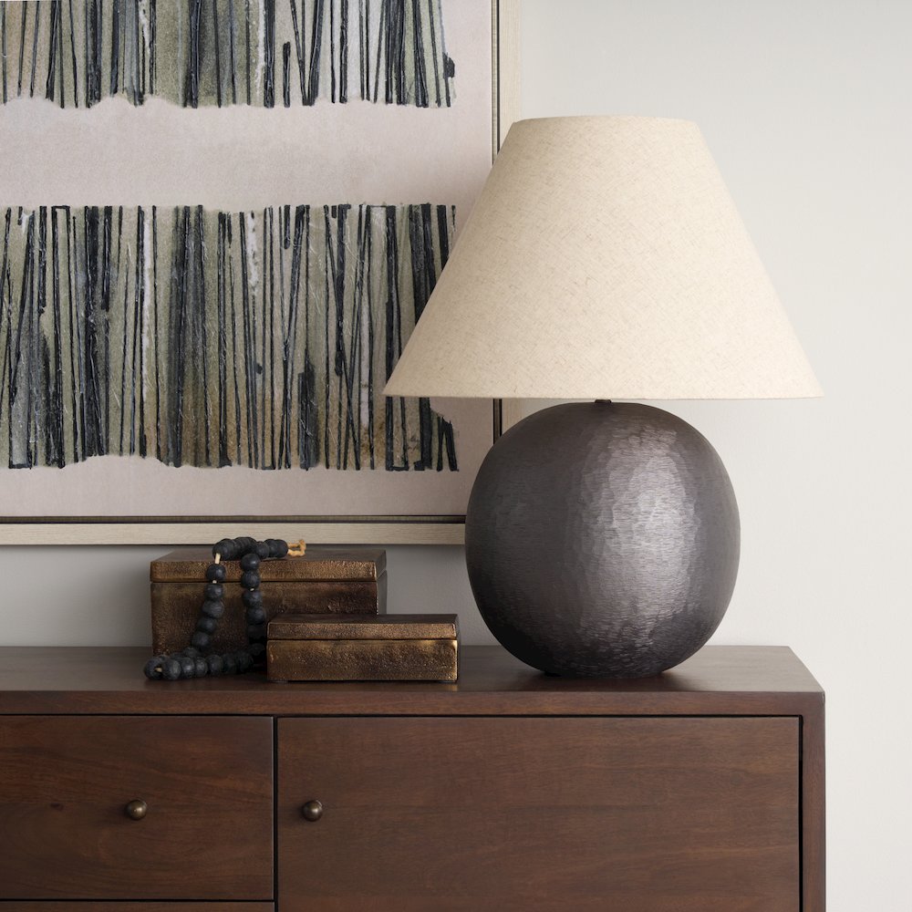 Sadiyah Black Brushed Metal Beige Shade Table Lamp. Picture 7