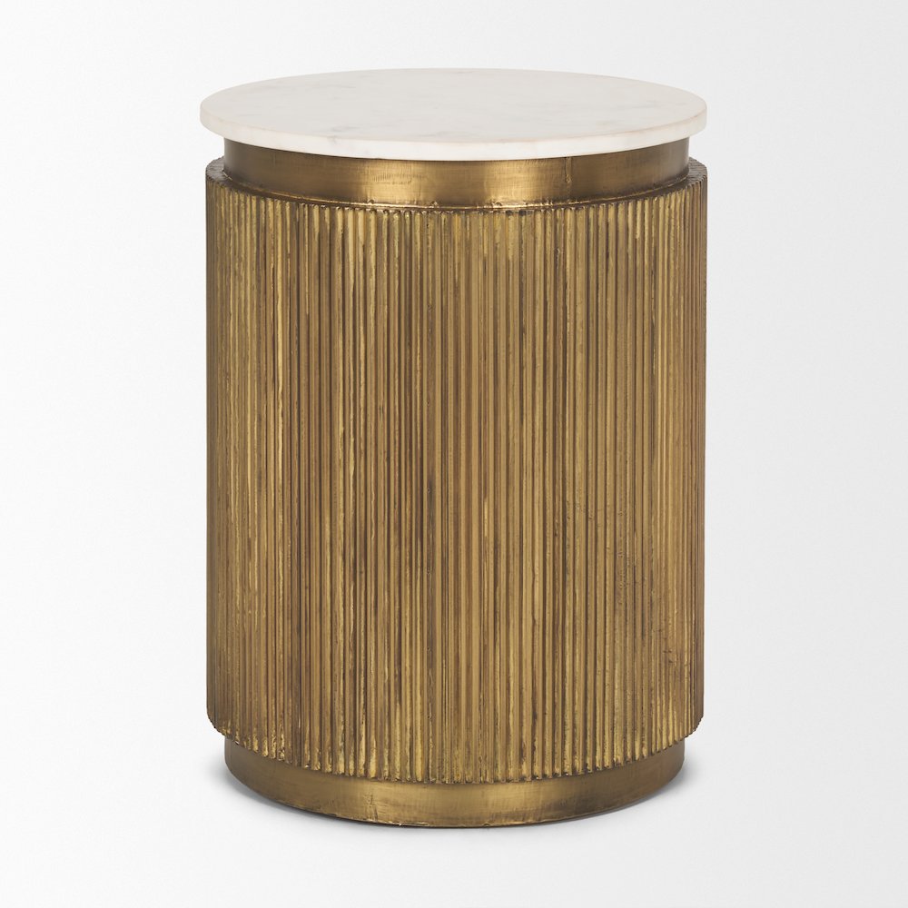 White Marble Gold Metal Round Fluted Accent Table. Picture 5