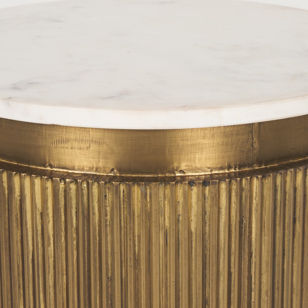 White Marble Gold Metal Round Fluted Accent Table. Picture 6