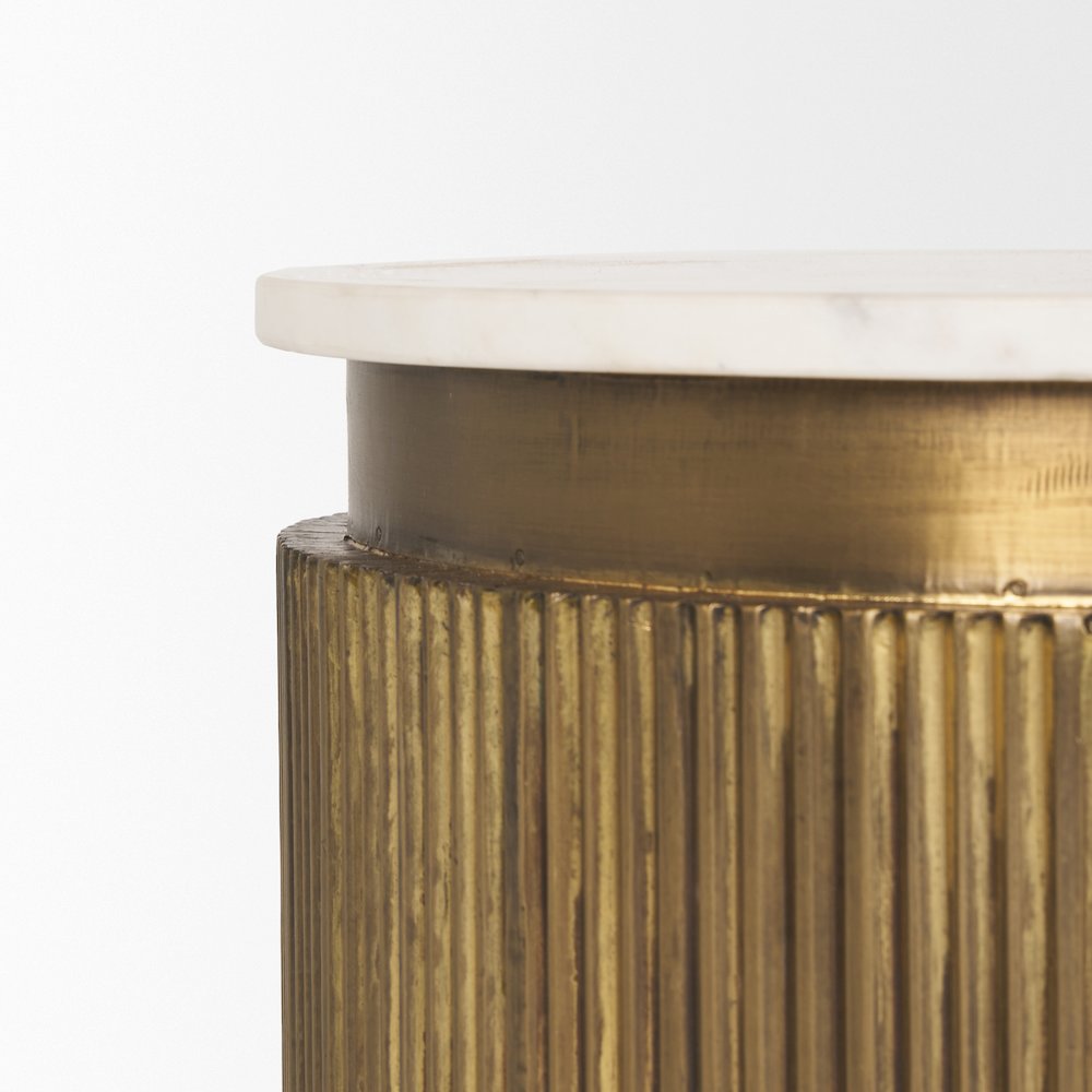 White Marble Gold Metal Round Fluted Accent Table. Picture 7