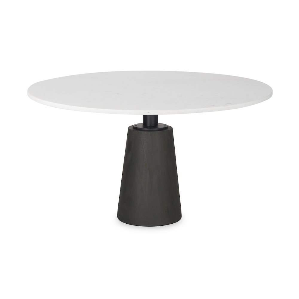 Maxwell Round White Marble Top Black Metal and Wood Pedestal Base Dining Table. Picture 1