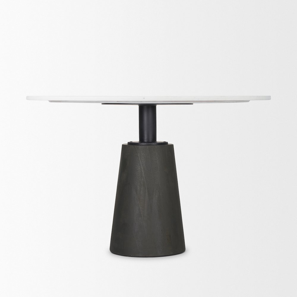 Maxwell Round White Marble Top Black Metal and Wood Pedestal Base Dining Table. Picture 3