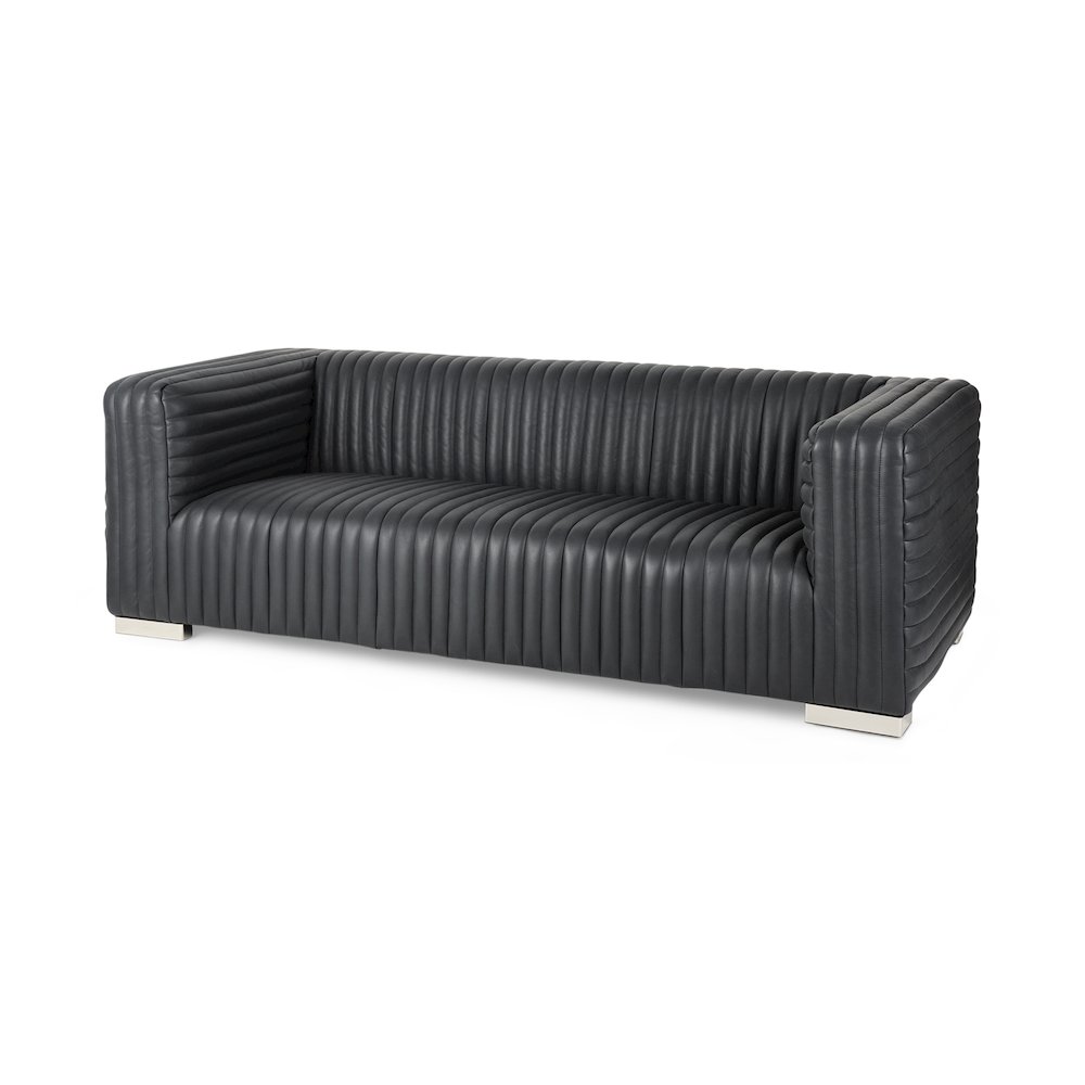 Ricciardo Black Leather Wrapped Three Seater Sofa 82.5L x 38.5W x 26.5H. Picture 1