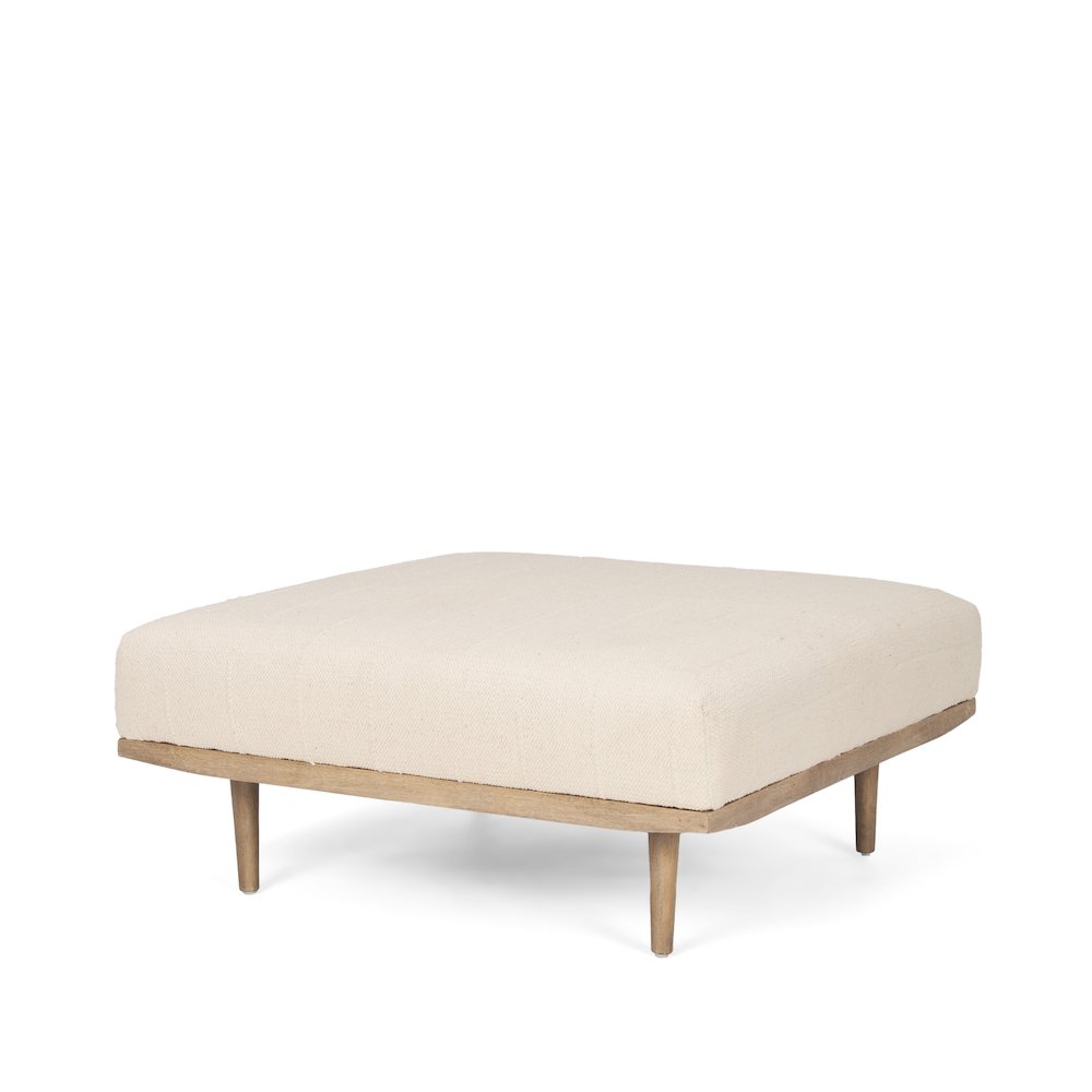 Shae Brown Wood Oatmeal Fabric Ottoman. Picture 1