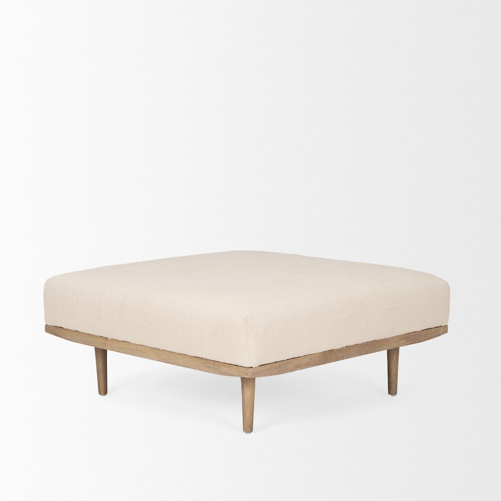 Shae Brown Wood Oatmeal Fabric Ottoman. Picture 5