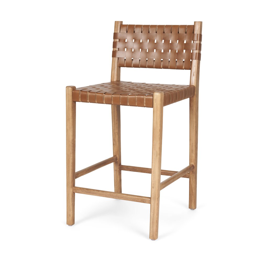 Brown Wood Woven Brown Leather Counter Stool. Picture 1