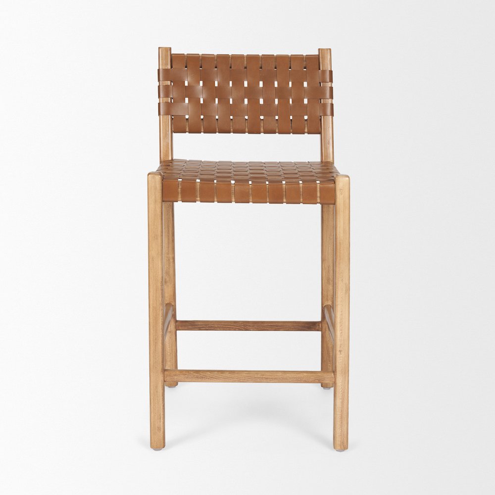 Brown Wood Woven Brown Leather Counter Stool. Picture 4