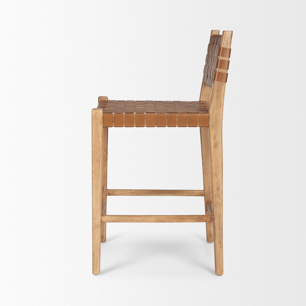 Brown Wood Woven Brown Leather Counter Stool. Picture 5