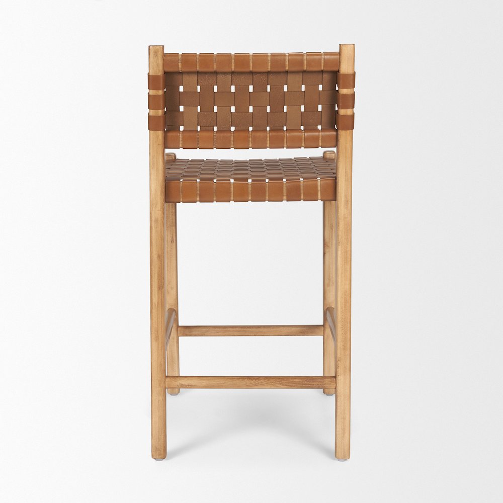 Brown Wood Woven Brown Leather Counter Stool. Picture 6