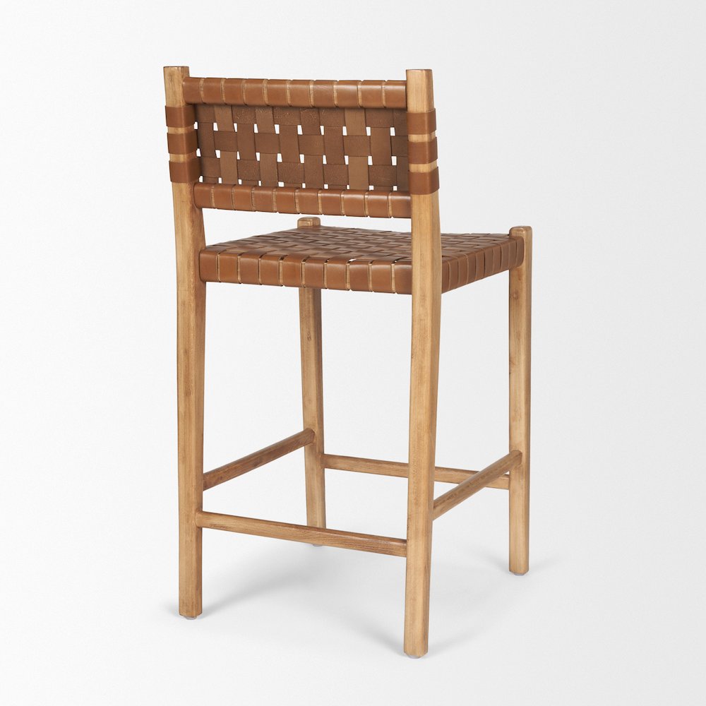 Brown Wood Woven Brown Leather Counter Stool. Picture 7