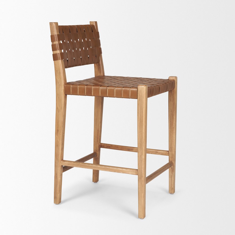 Brown Wood Woven Brown Leather Counter Stool. Picture 8