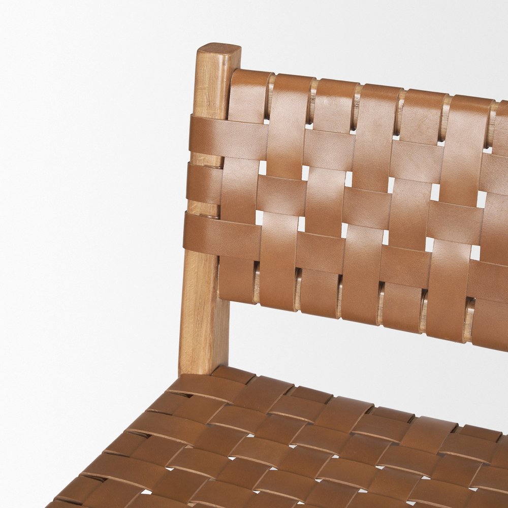 Brown Wood Woven Brown Leather Counter Stool. Picture 9