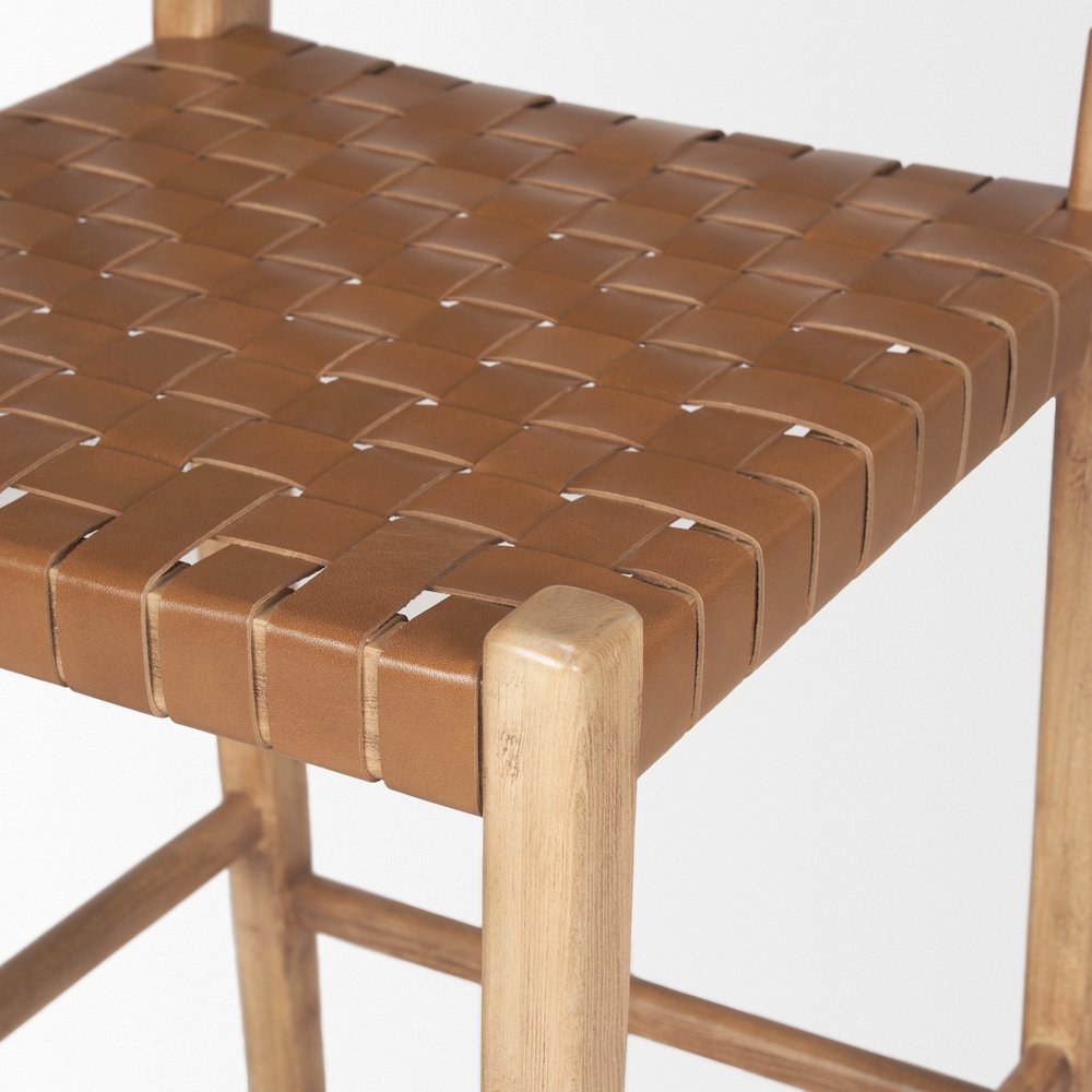 Brown Wood Woven Brown Leather Counter Stool. Picture 10