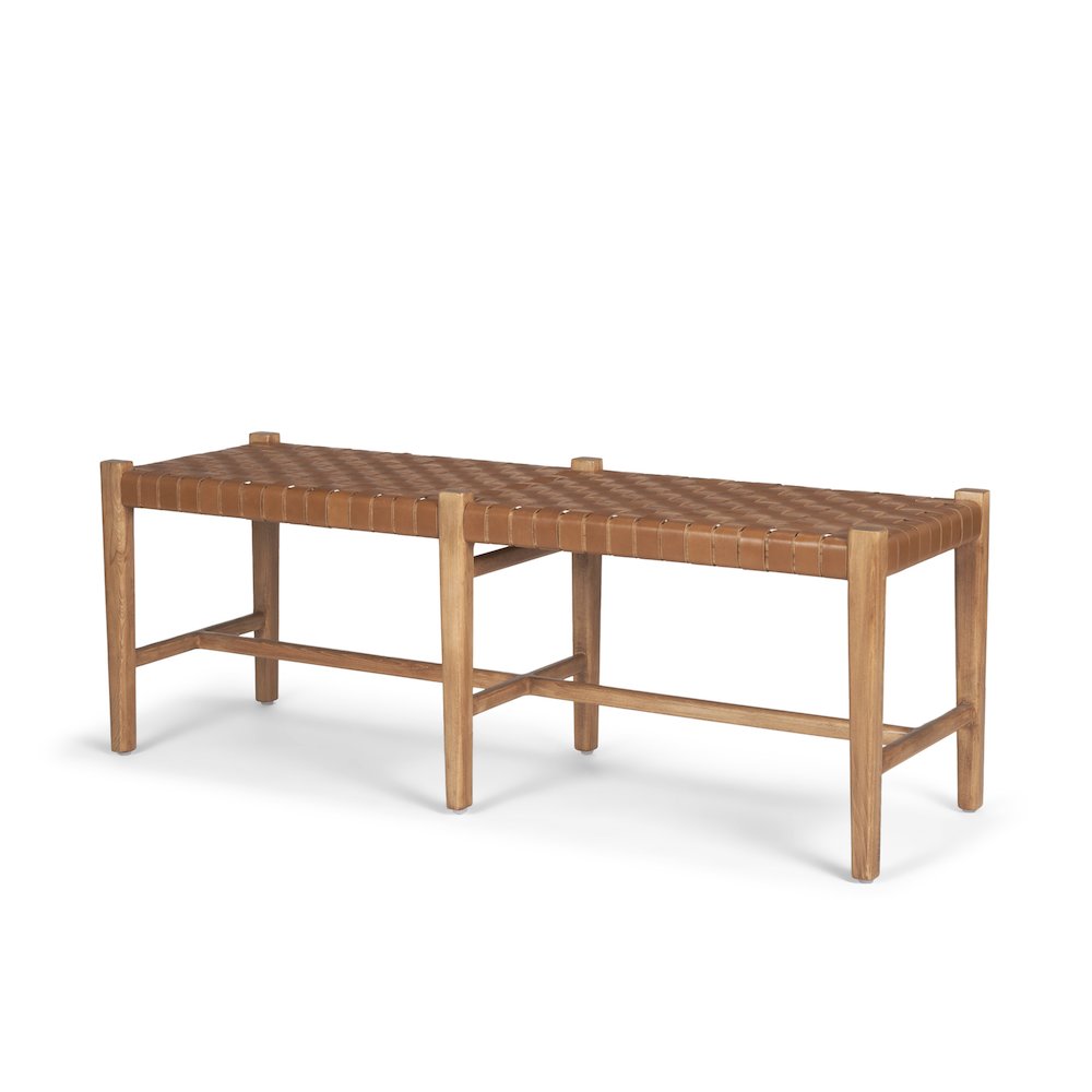 Brown Wood Woven Brown Leather Bench. Picture 1