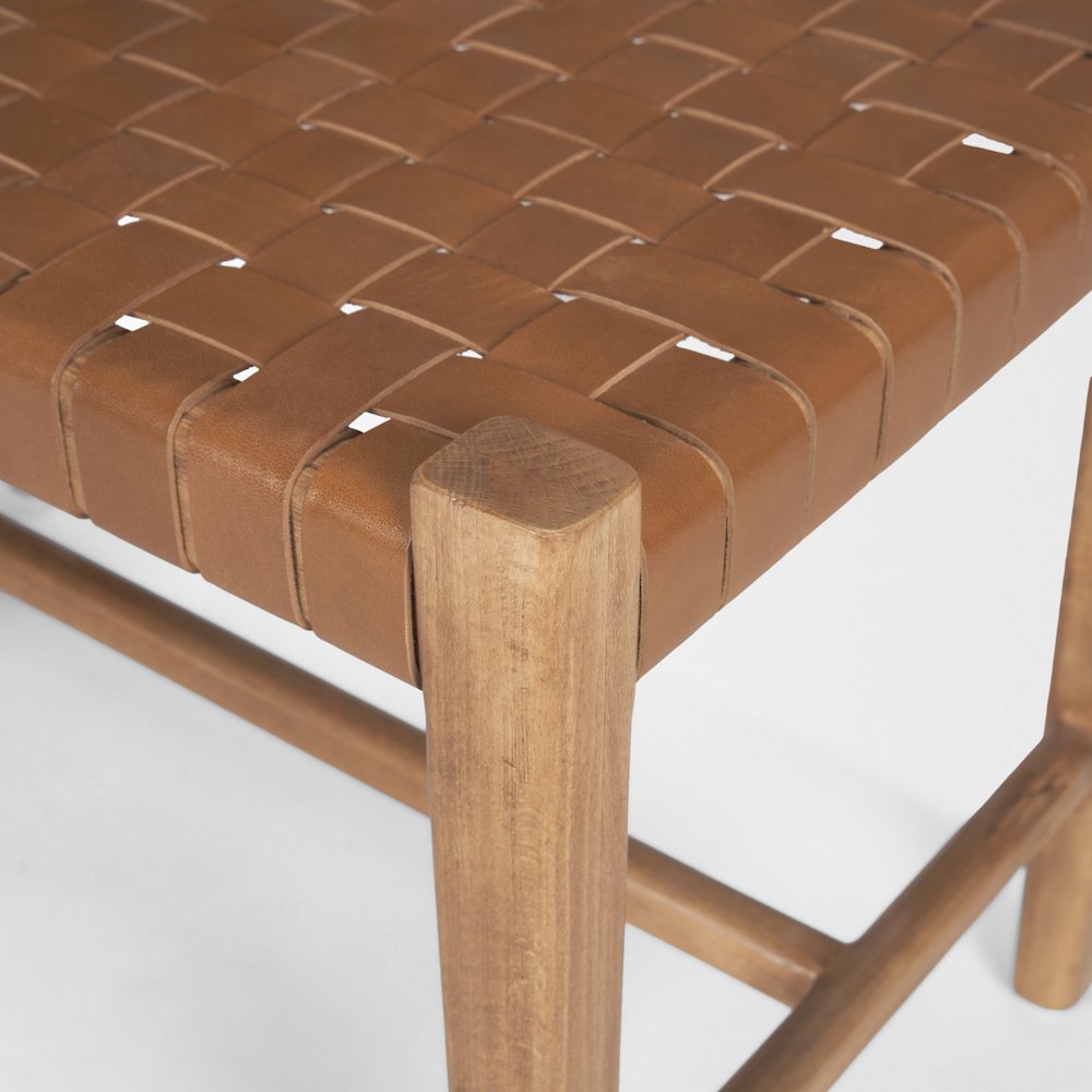 Brown Wood Woven Brown Leather Bench. Picture 2