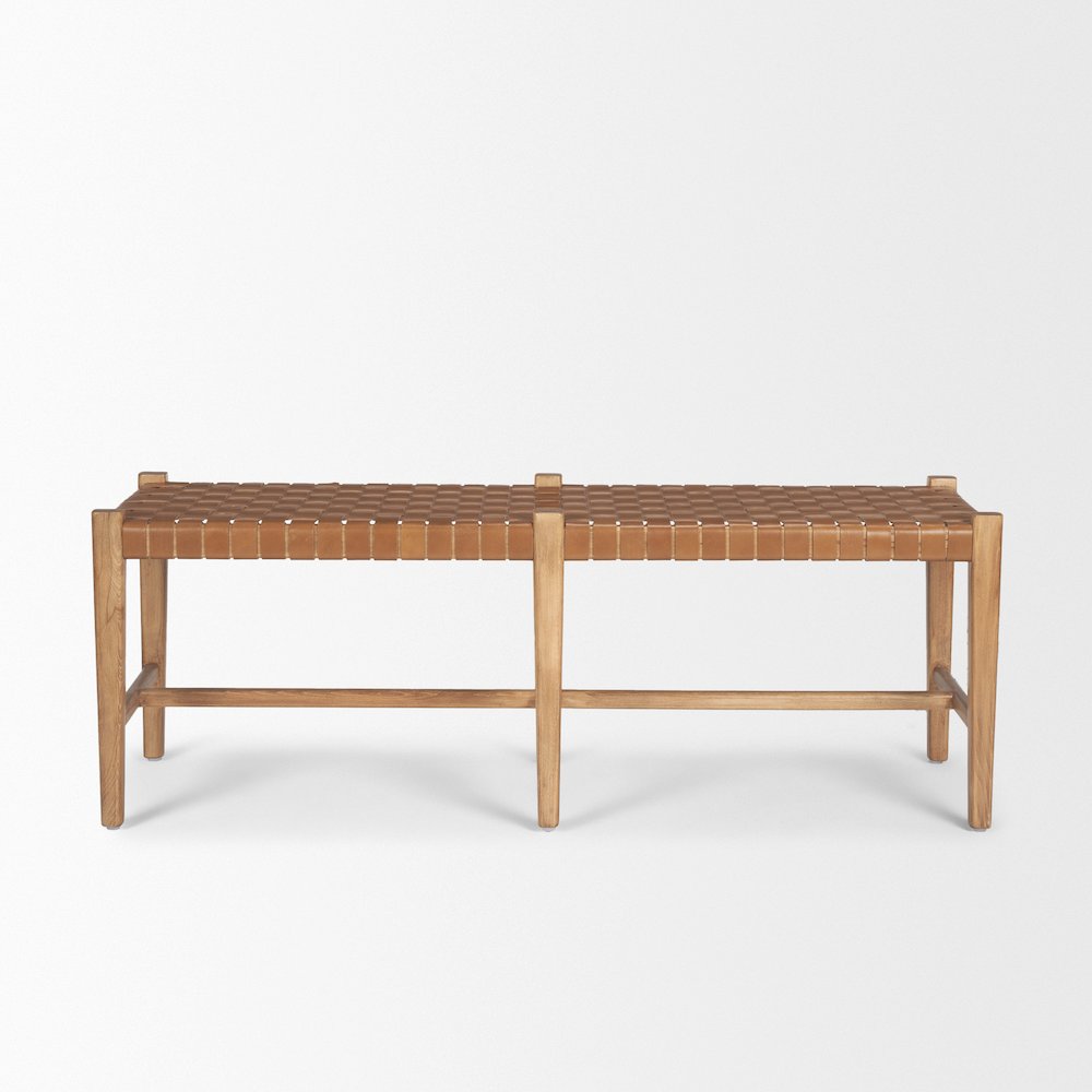 Brown Wood Woven Brown Leather Bench. Picture 7