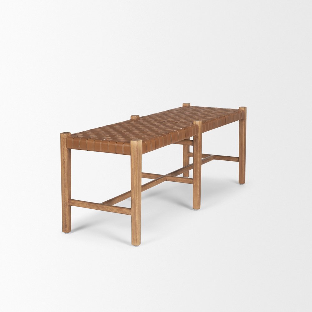 Brown Wood Woven Brown Leather Bench. Picture 9
