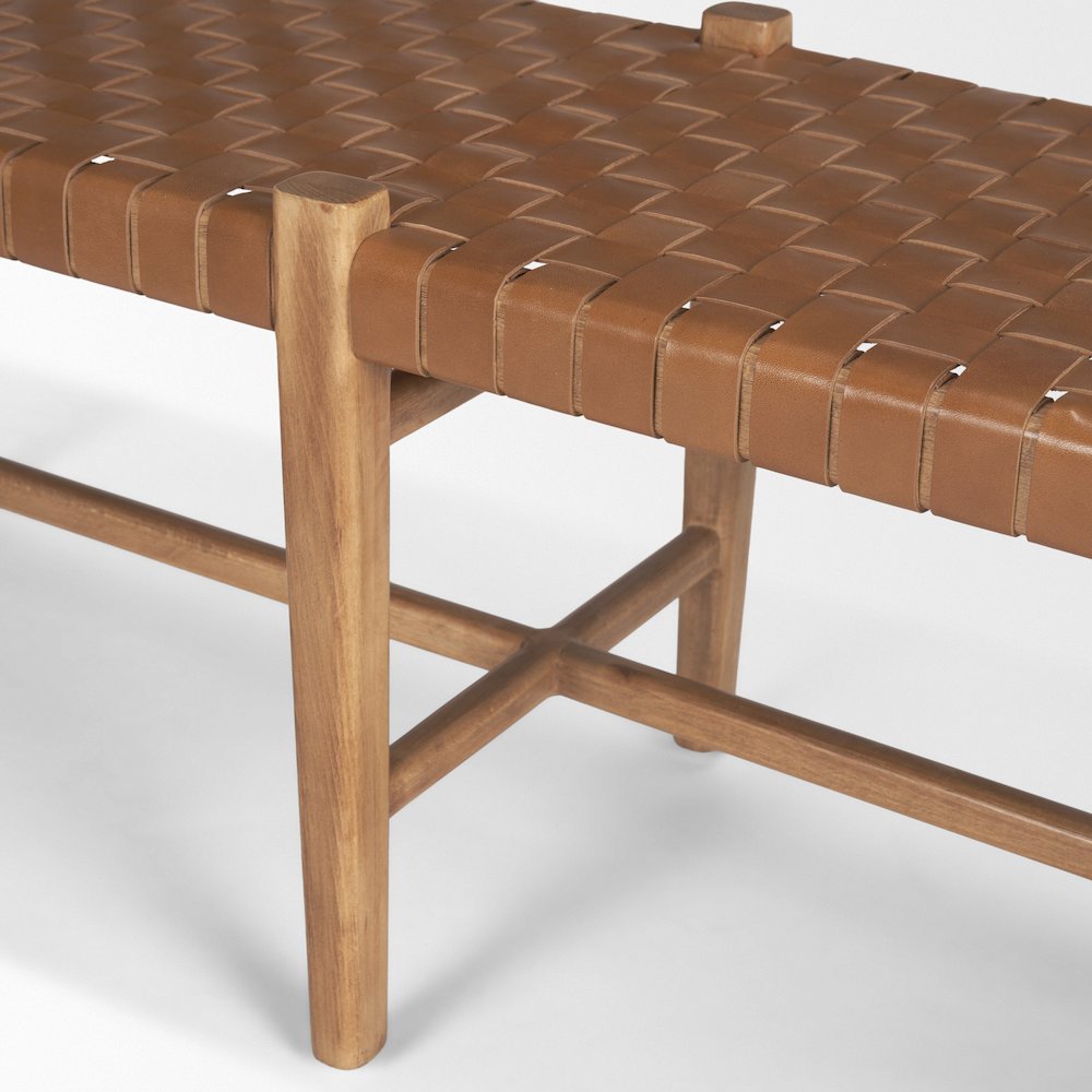 Brown Wood Woven Brown Leather Bench. Picture 11