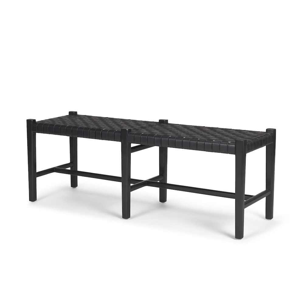 Black Wood Woven Black Leather Bench. Picture 1
