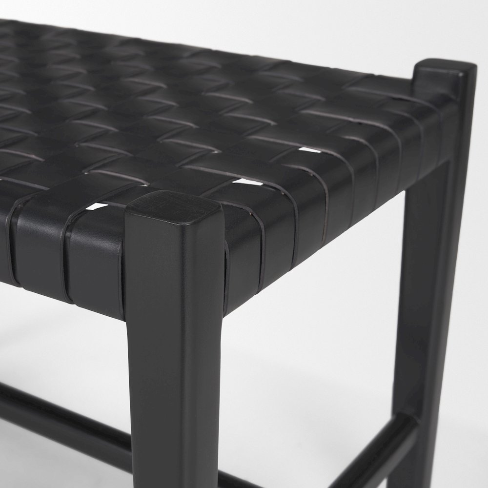 Black Wood Woven Black Leather Bench. Picture 2