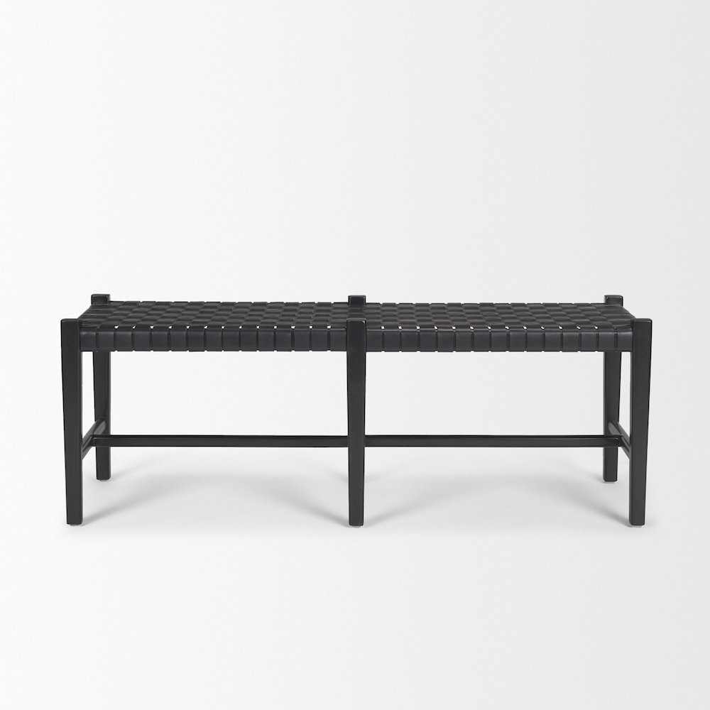 Black Wood Woven Black Leather Bench. Picture 7