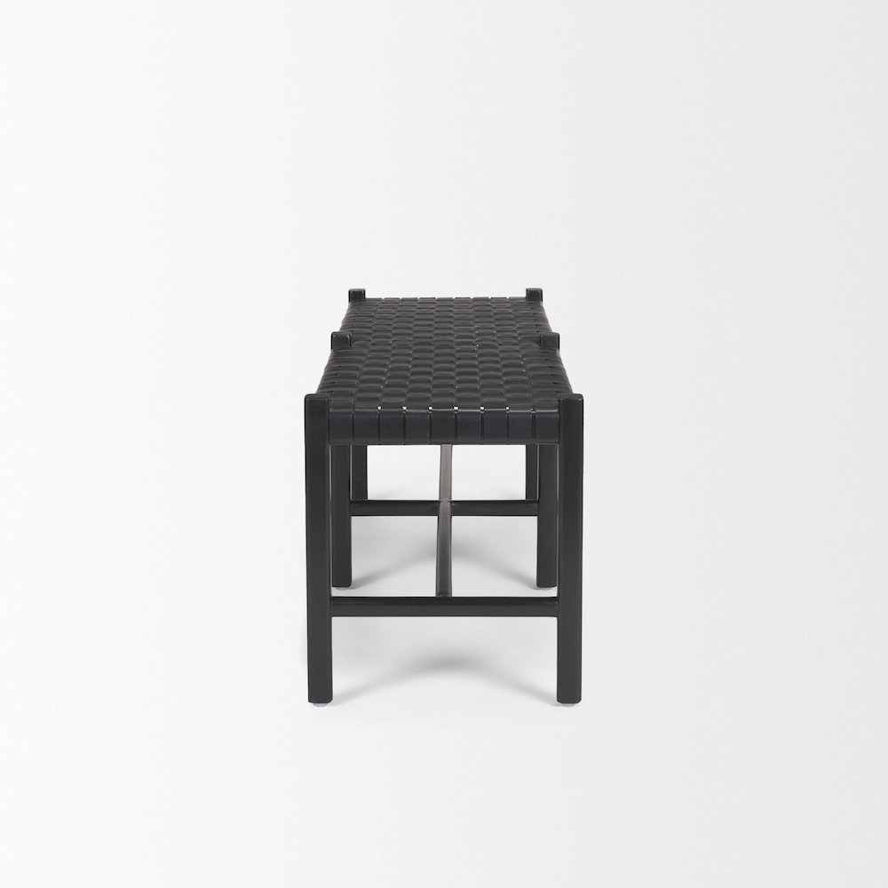 Black Wood Woven Black Leather Bench. Picture 8