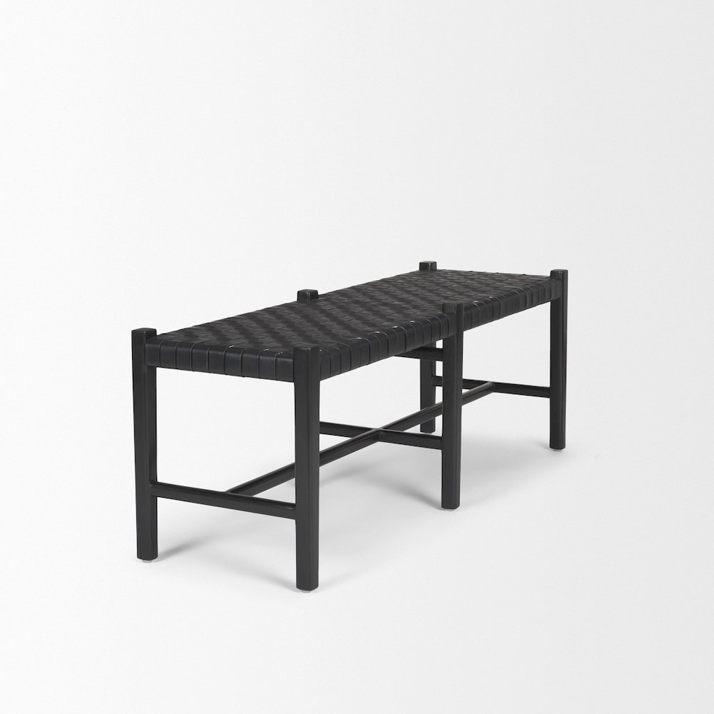Black Wood Woven Black Leather Bench. Picture 9