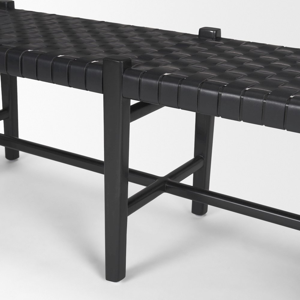 Black Wood Woven Black Leather Bench. Picture 11