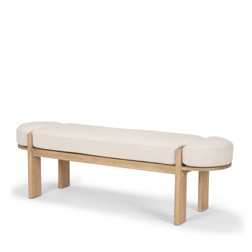 Light Brown Elm Wood Oatmeal Fabric Bench. Picture 1