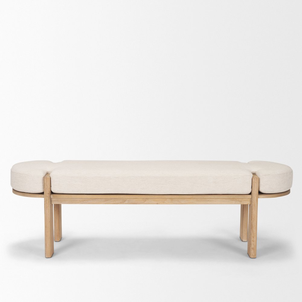 Light Brown Elm Wood Oatmeal Fabric Bench. Picture 3