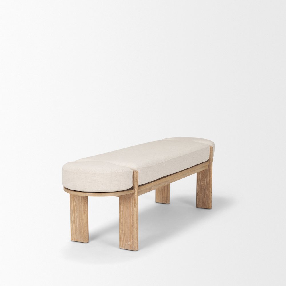 Light Brown Elm Wood Oatmeal Fabric Bench. Picture 6