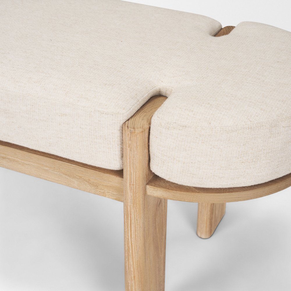 Light Brown Elm Wood Oatmeal Fabric Bench. Picture 8