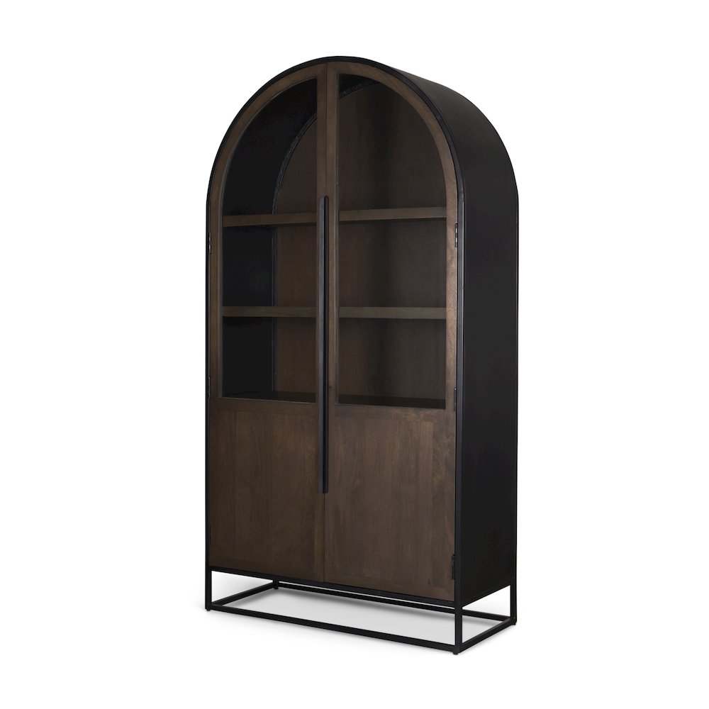 80.5H Dark Brown Woodblack Metal Arched Curio Cabinet. Picture 1
