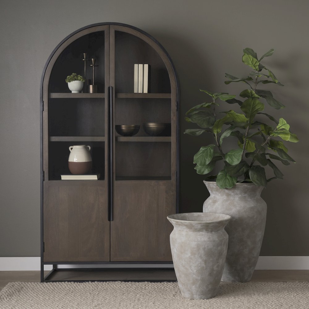 80.5H Dark Brown Woodblack Metal Arched Curio Cabinet. Picture 8