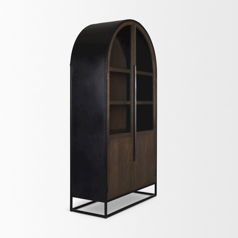 80.5H Dark Brown Woodblack Metal Arched Curio Cabinet. Picture 13