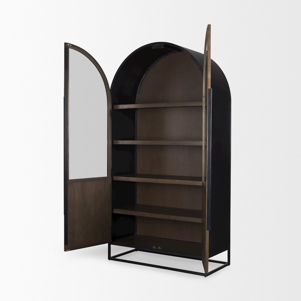 80.5H Dark Brown Woodblack Metal Arched Curio Cabinet. Picture 14