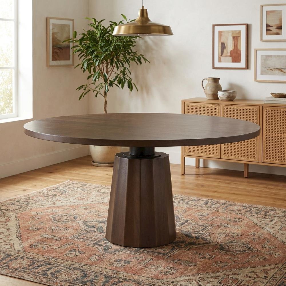 Dark Brown Wood Round Dining Table with Pedestal Base, 60-Inch Size. Picture 2