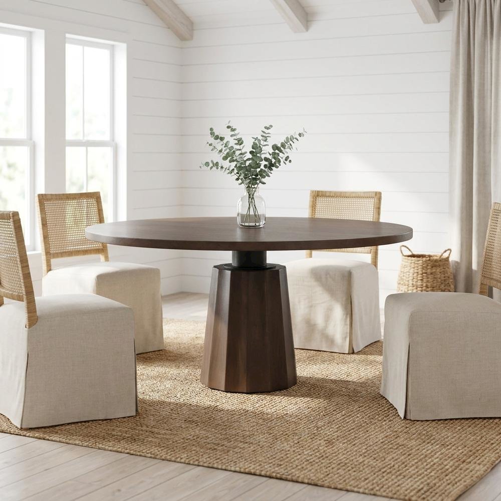 Dark Brown Wood Round Dining Table with Pedestal Base, 60-Inch Size. Picture 3