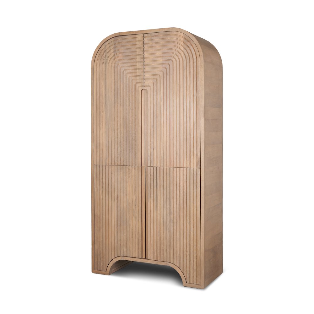 Reverse Fluted Light Brown Wood Curio Cabinet. Picture 1