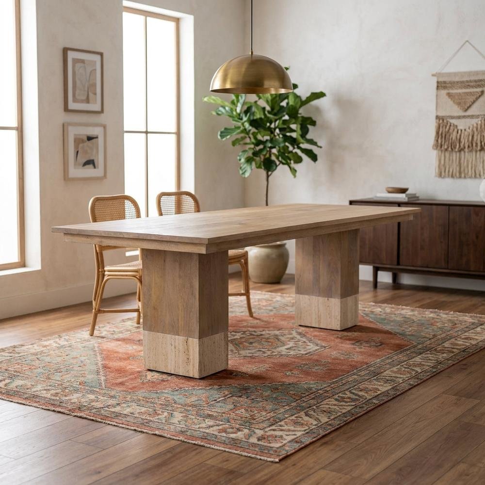 Light Brown Mango Wood Dining Table with Travertine Top for Elegant Homes. Picture 2
