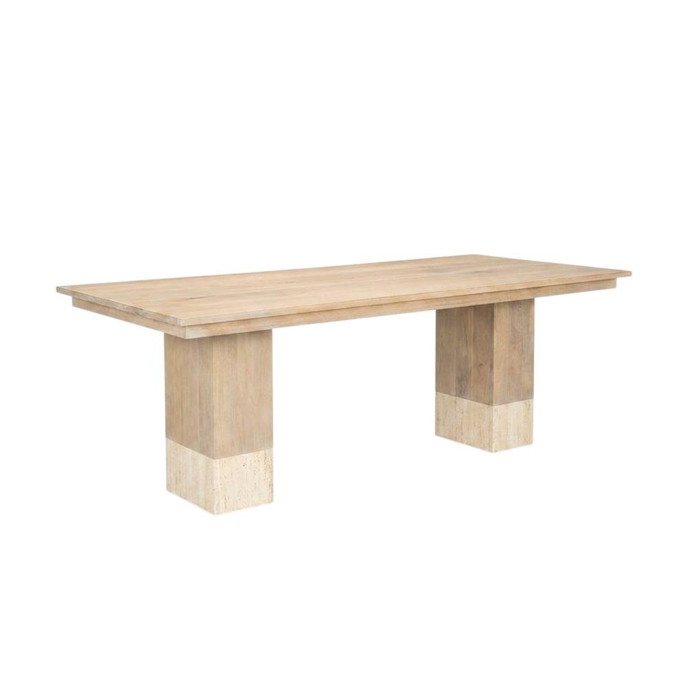 Light Brown Mango Wood Dining Table with Travertine Top for Elegant Homes. Picture 1