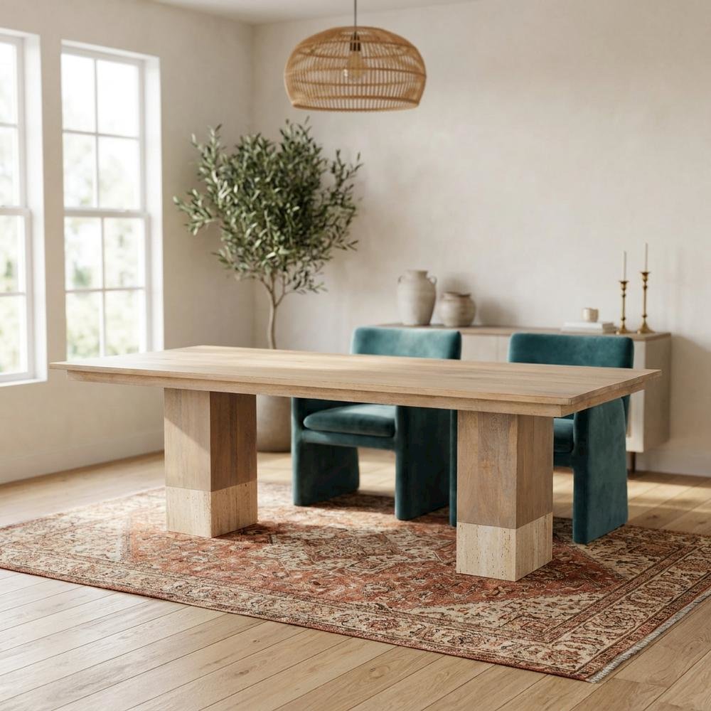 Light Brown Mango Wood Dining Table with Travertine Top for Elegant Homes. Picture 3