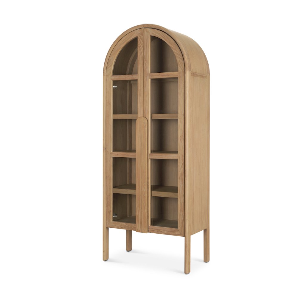 Light Brown Elm Wood Glass Doors Arched Curio Cabinet. Picture 1