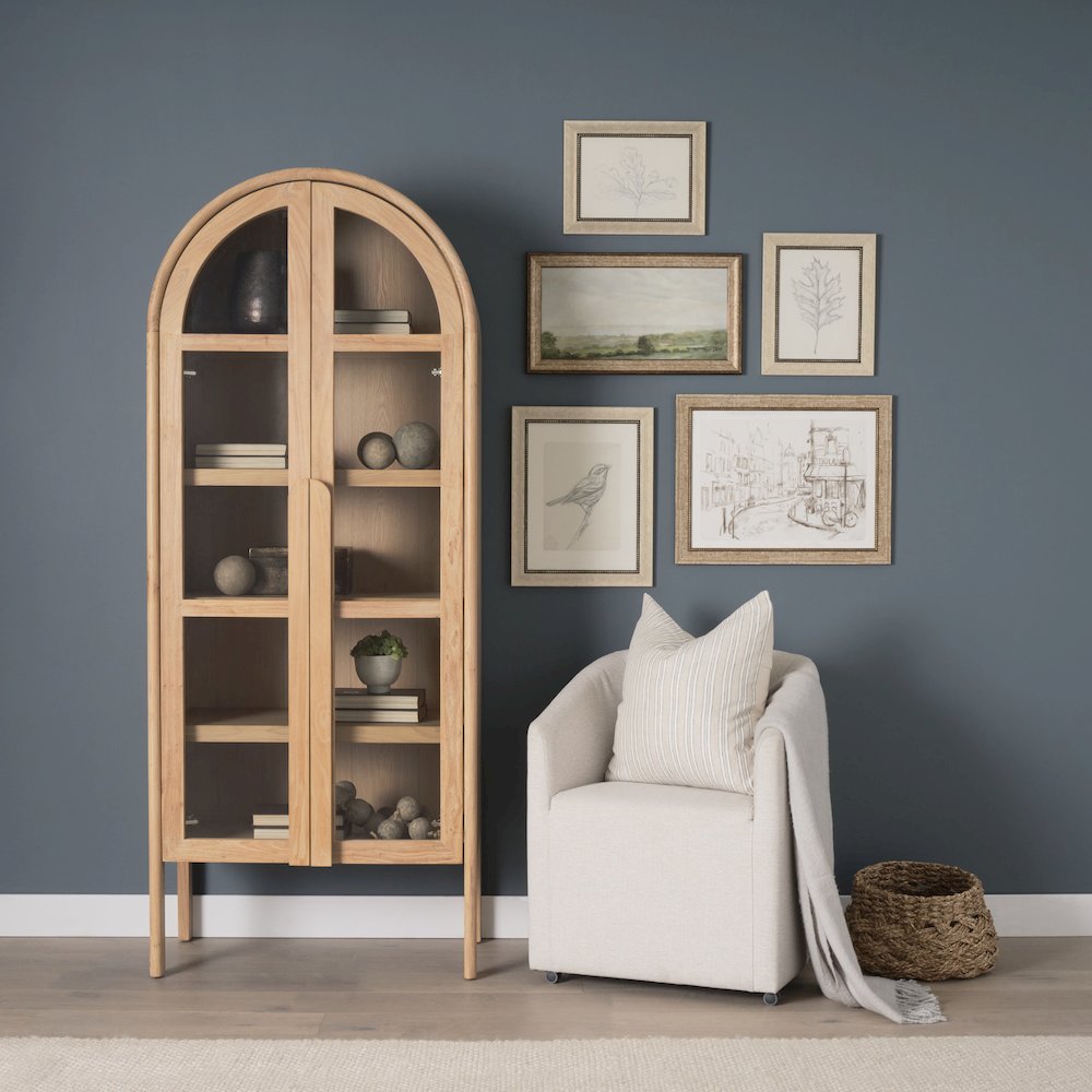 Light Brown Elm Wood Glass Doors Arched Curio Cabinet. Picture 5