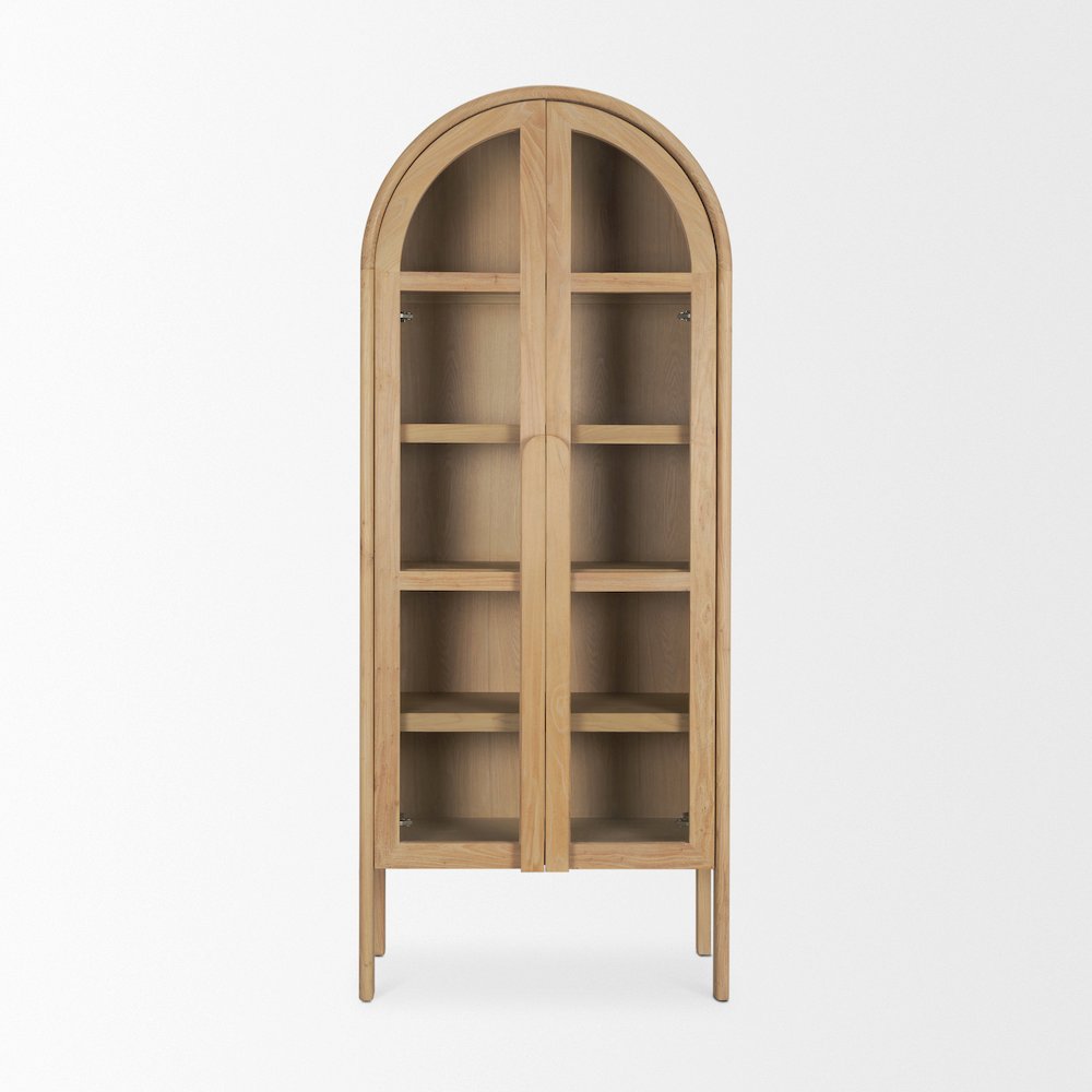 Light Brown Elm Wood Glass Doors Arched Curio Cabinet. Picture 7