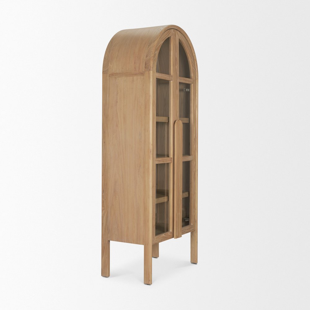 Light Brown Elm Wood Glass Doors Arched Curio Cabinet. Picture 10
