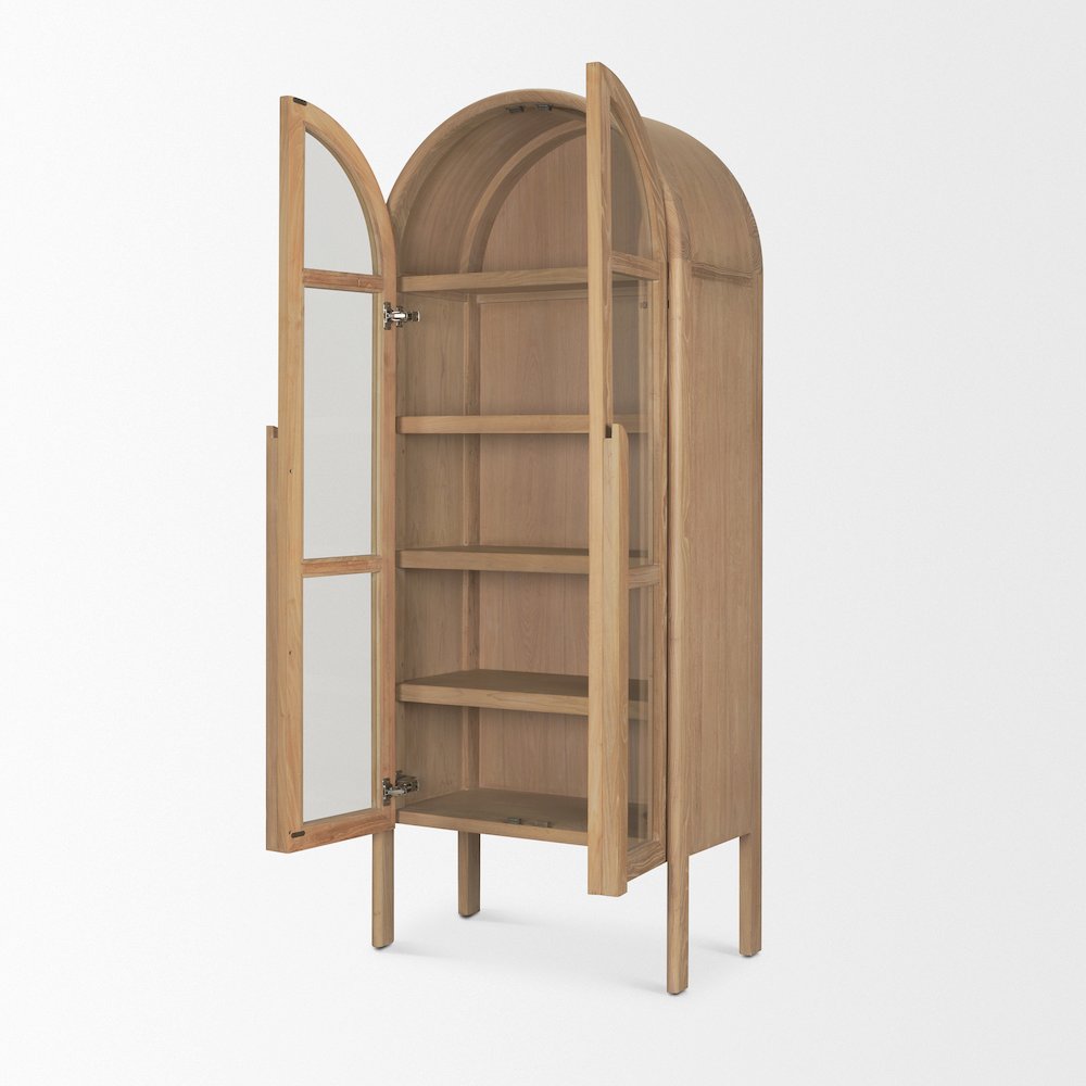 Light Brown Elm Wood Glass Doors Arched Curio Cabinet. Picture 11