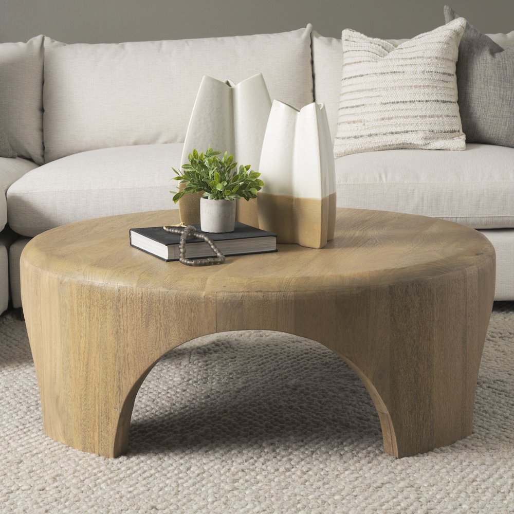 Round Light Brown Woodarched Legs Coffee Table. Picture 4