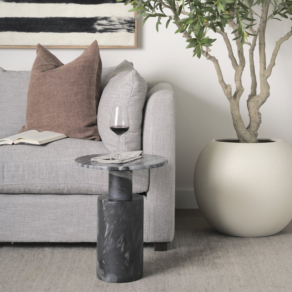 Solid Dark Gray Marble Pedestal Accent Table. Picture 2