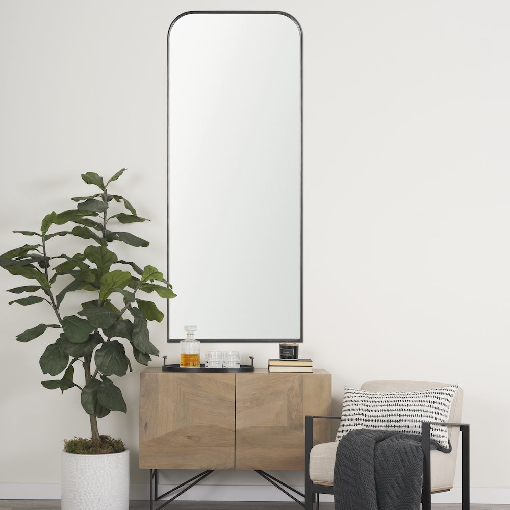 Tamira Tall Brushed Gunmetal Metal Arched Mirror. Picture 2